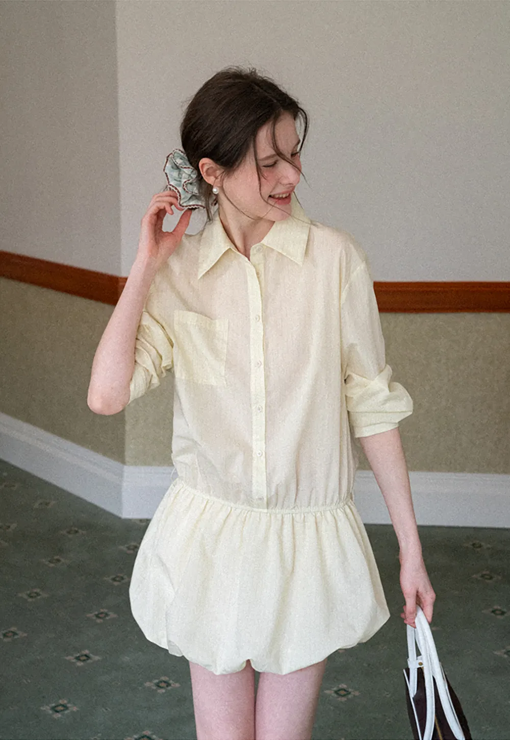 Button Front Shirt Dress with Pleated Pocket and Elastic Waist