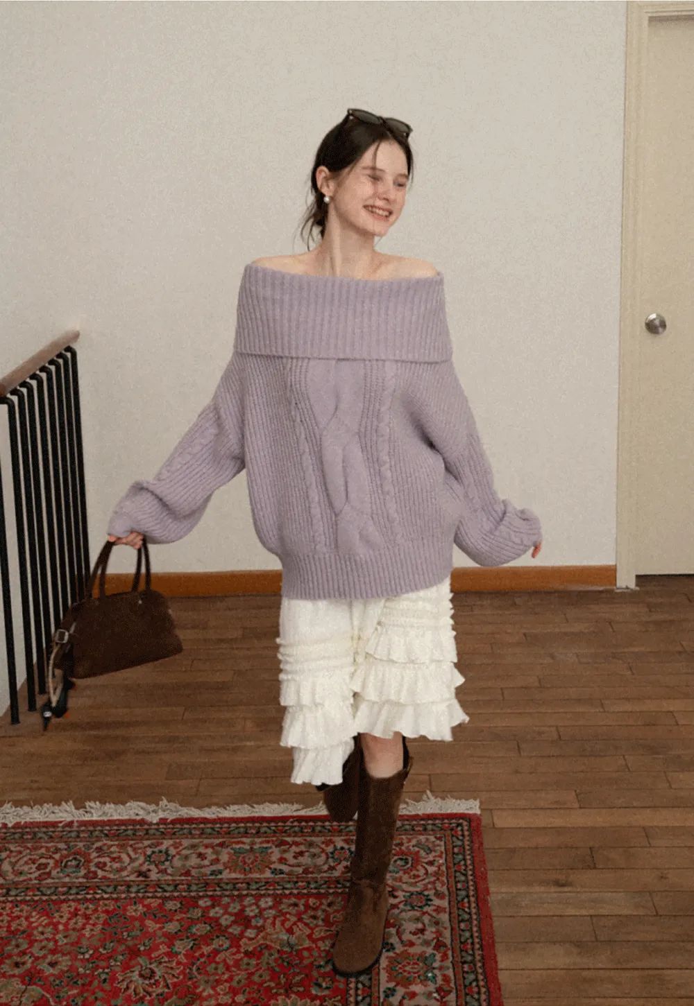 Gray Cable-Knit Turtleneck Sweater