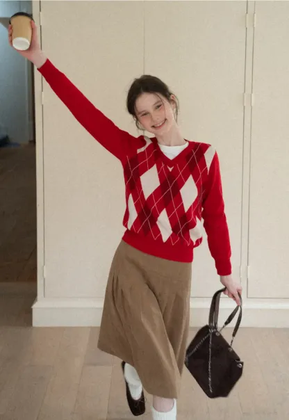 Red Knit Sweater with Shoulder Details