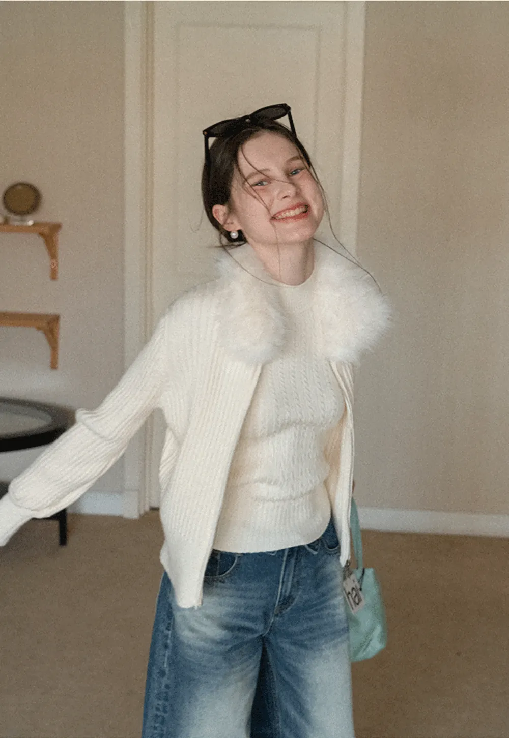 Ribbed knit sweater with fur collar detail