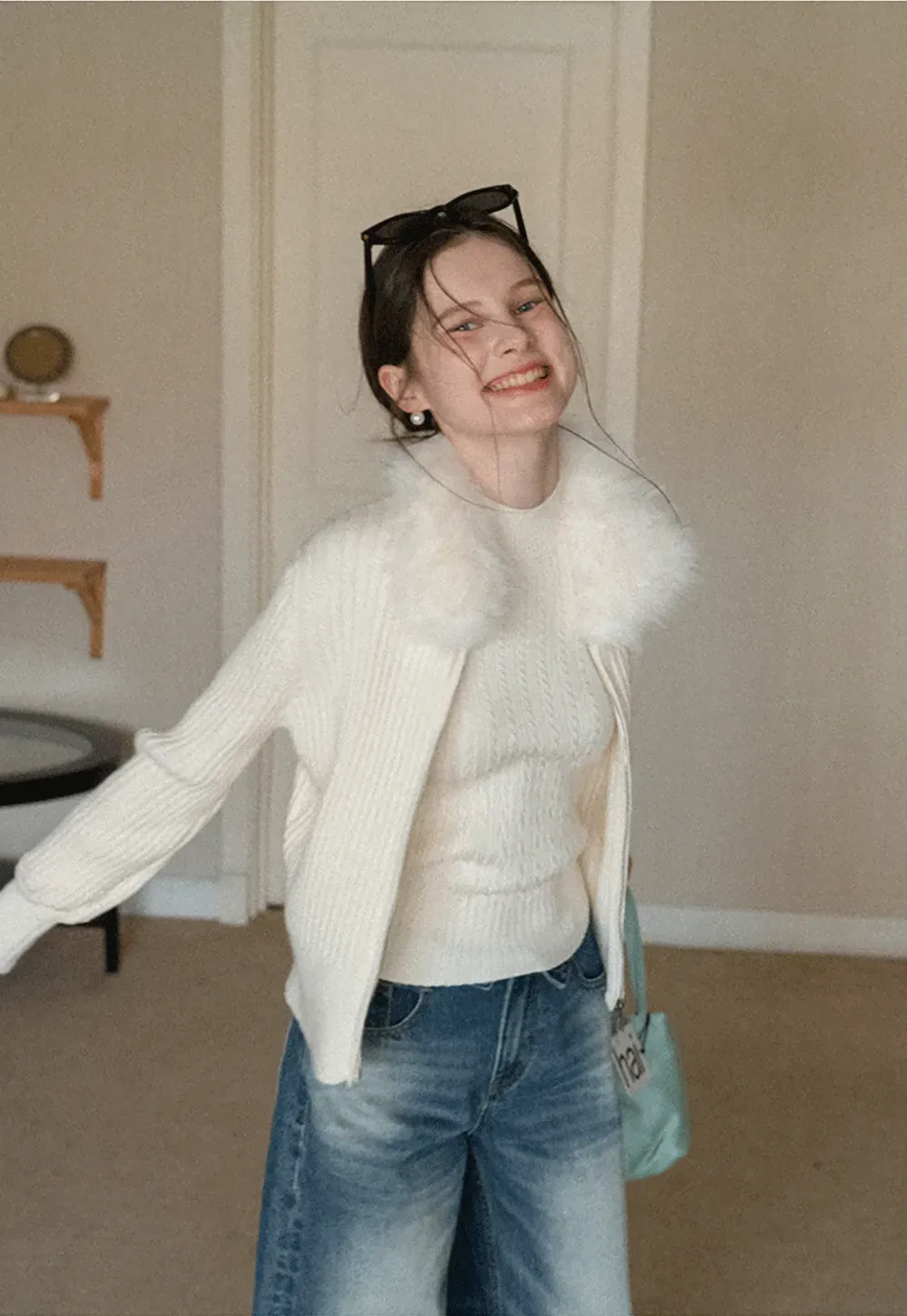 Ribbed knit sweater with fur collar detail