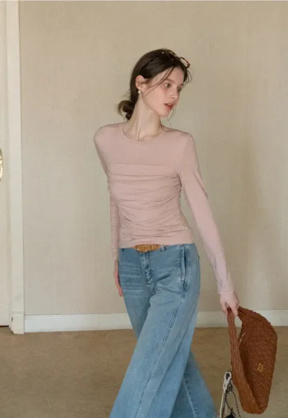 Ruched Long Sleeve T-Shirt with Gathered Detail