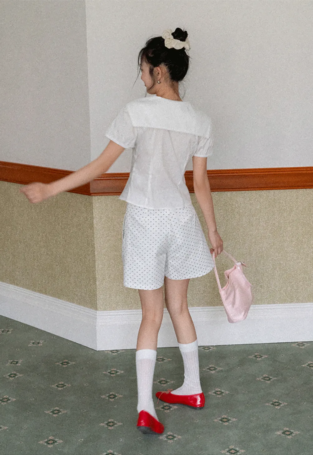 Short Sleeve Shirt with Collar and Bow Detail