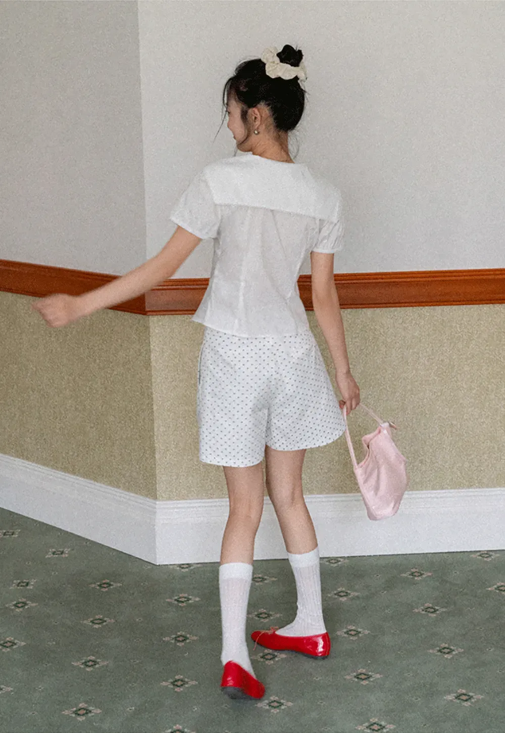 Short Sleeve Shirt with Collar and Bow Detail