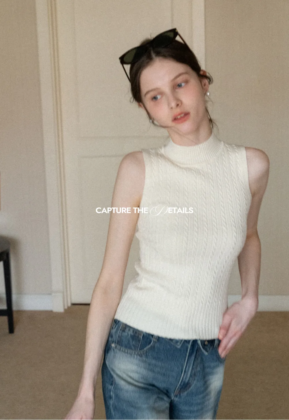 Cable Knit Sleeveless Top with High Neck Design