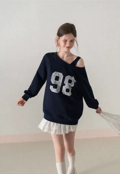 Off Shoulder Sweatshirt with Lace Number Print