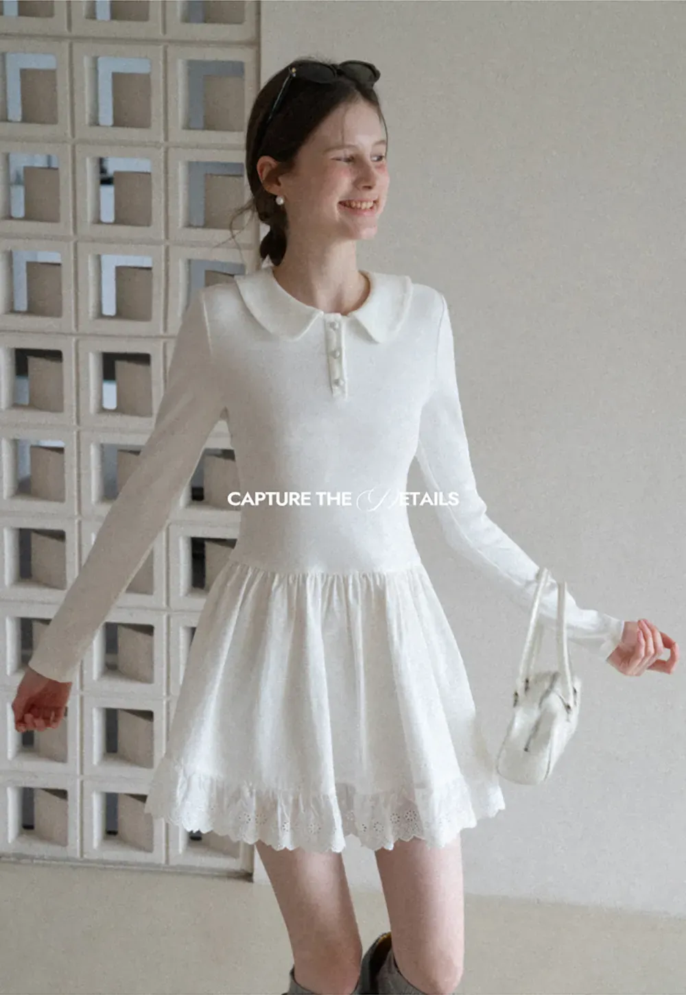 Elegant Long Sleeve Dress with Lace Trim and Flared Skirt