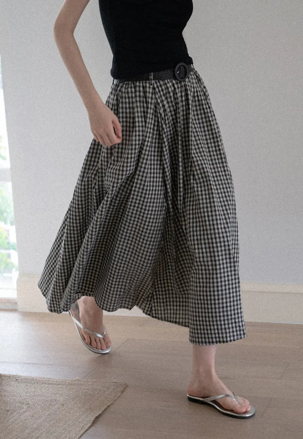 Belted Gingham Pleated Midi Skirt