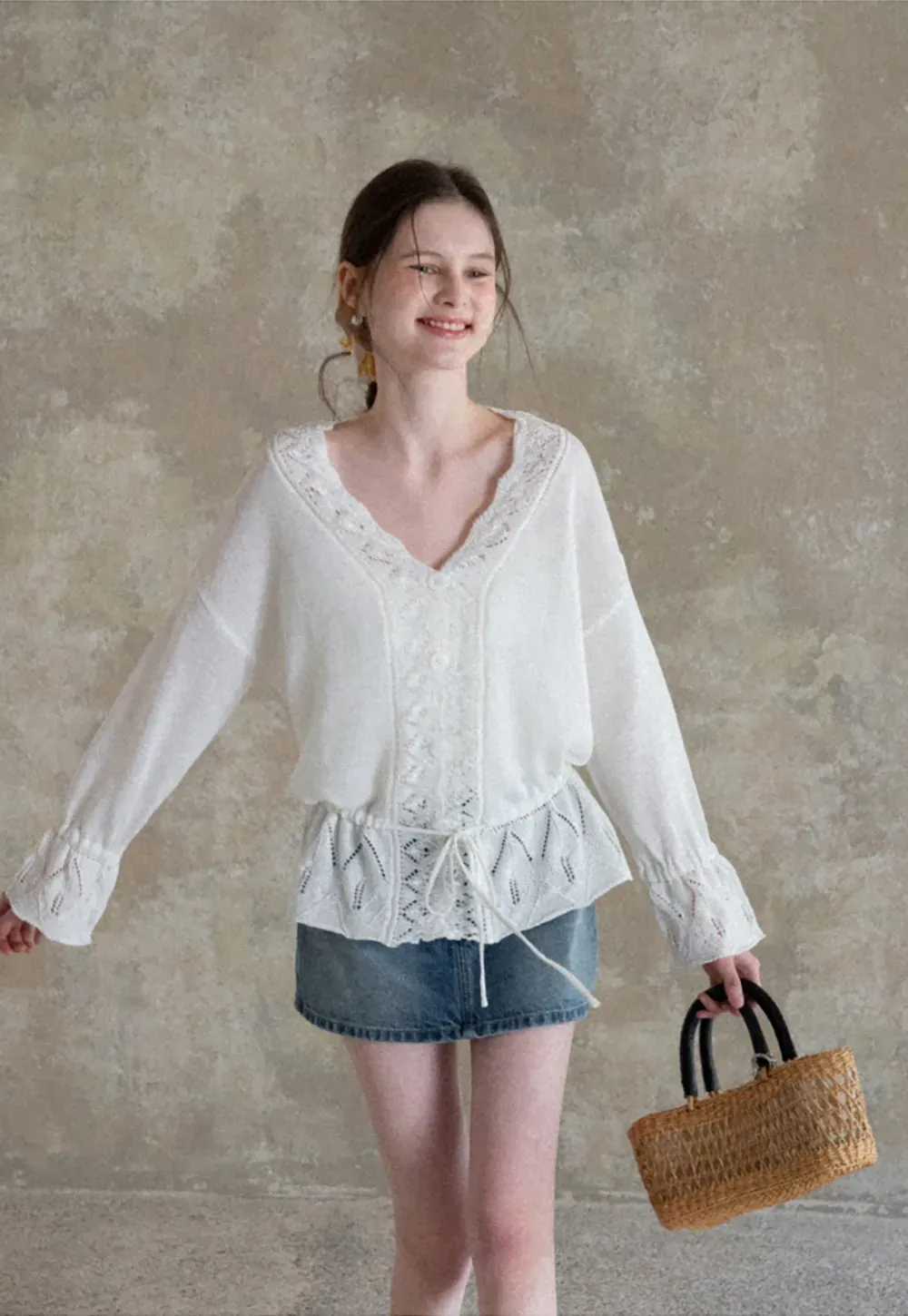 Lace Trimmed V Neck Knit Sweater with Drawstring Hem
