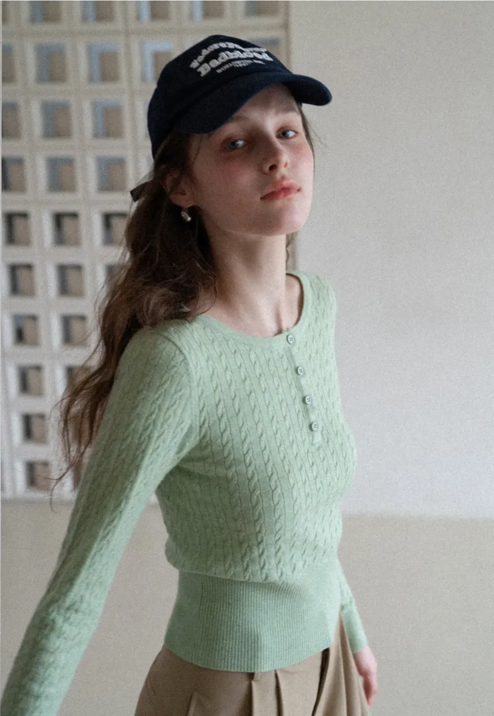 Cable Knit Long Sleeve Sweater with Button Detail