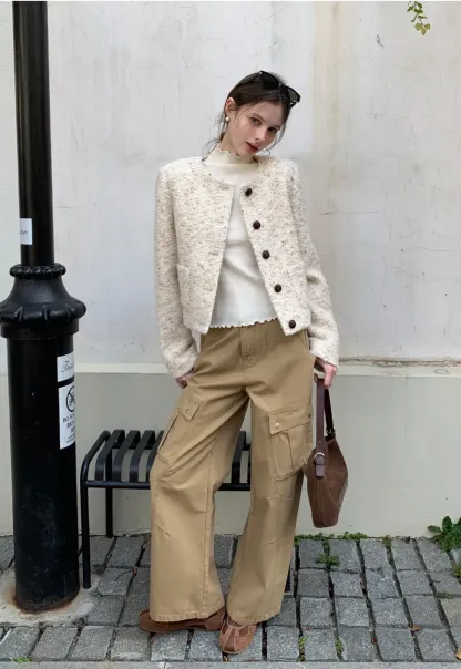 Textured Short Jacket with Long Sleeves and Round Neck