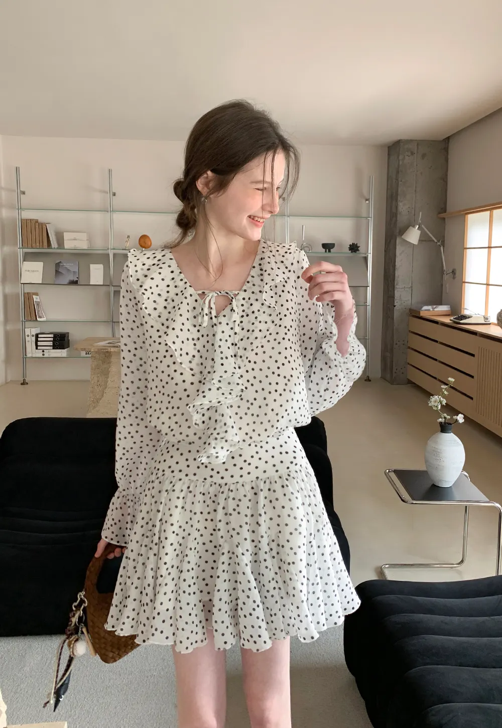 Polka Dot Ruffle Dress with V Neck and Long Sleeves