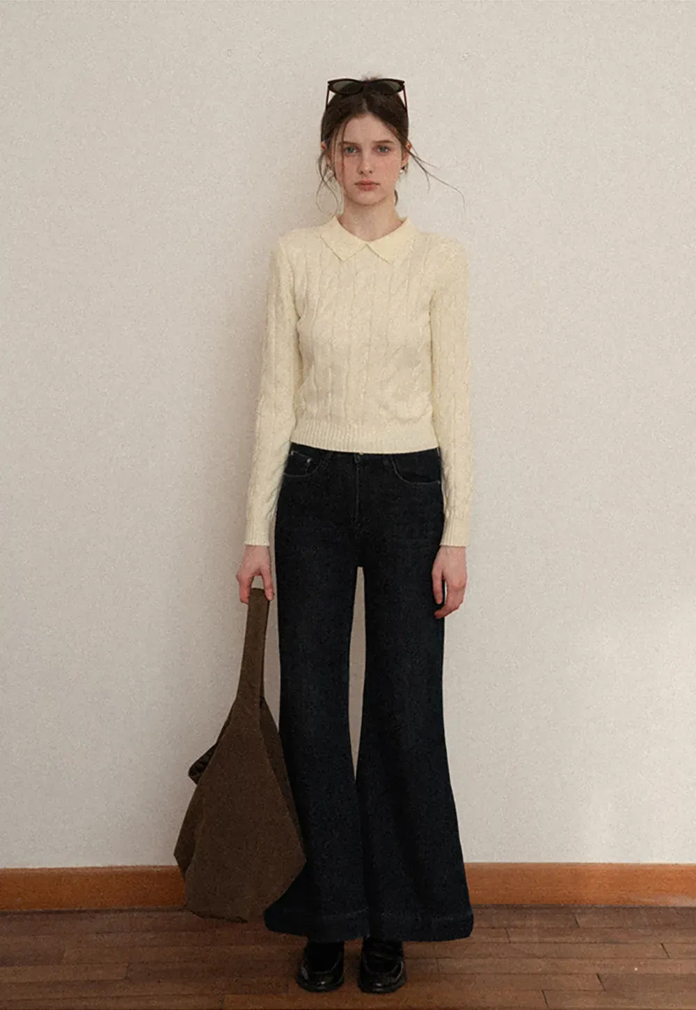 Cable Knit Crop Sweater with Collar