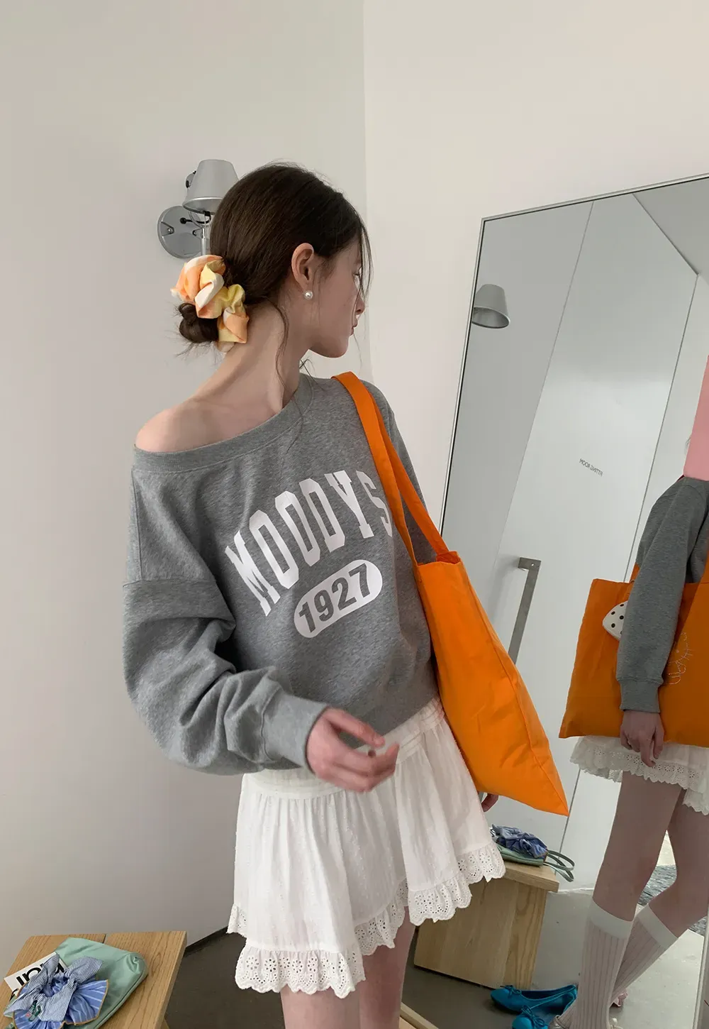 Gray Off Shoulder Sweatshirt with Bold Lettering and Year Print