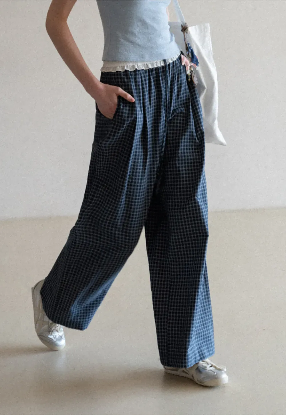 Wide Leg Plaid Casual Pants with Ruffled Waistband