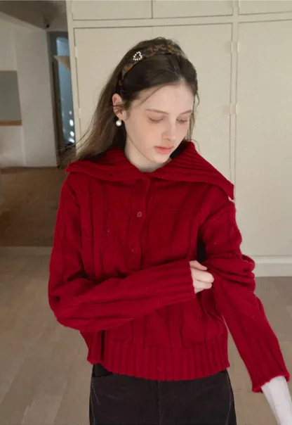 Cable Knit Turtleneck Sweater with Ribbed Sleeves and Hem