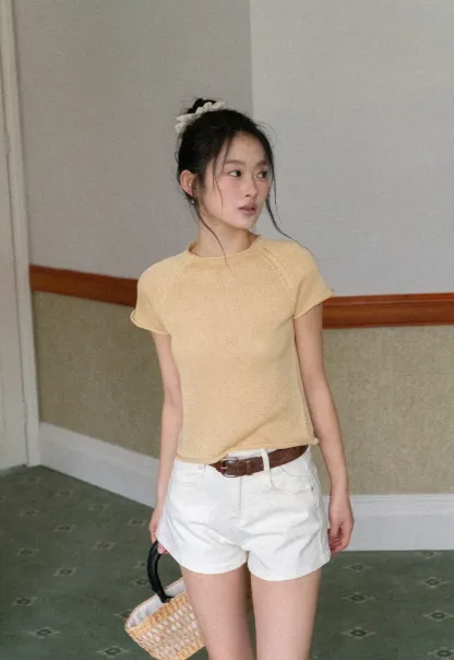 Short Sleeve Ribbed Knit Top with Raglan Sleeves