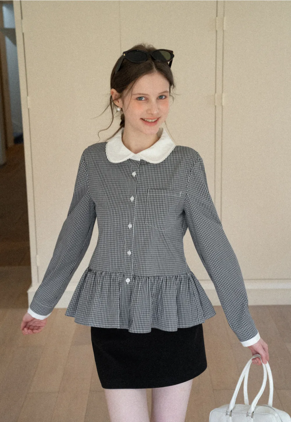 Peplum Gingham Collar Shirt with Flared Hem