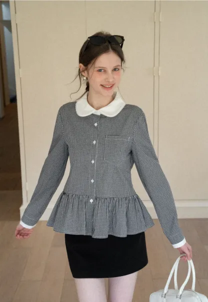 Peplum Gingham Collar Shirt with Flared Hem