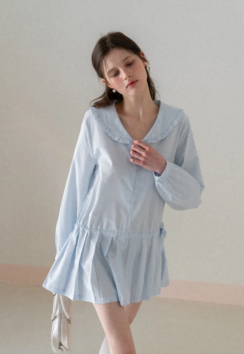 Pleated Hem Long Sleeve Blouse with Ruffled Collar