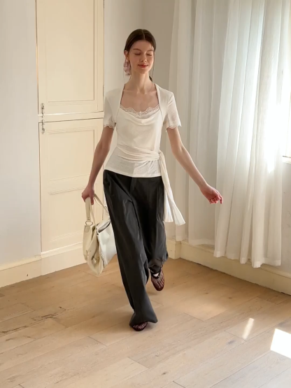 Lace Trim Square Neck Short Sleeve T Shirt