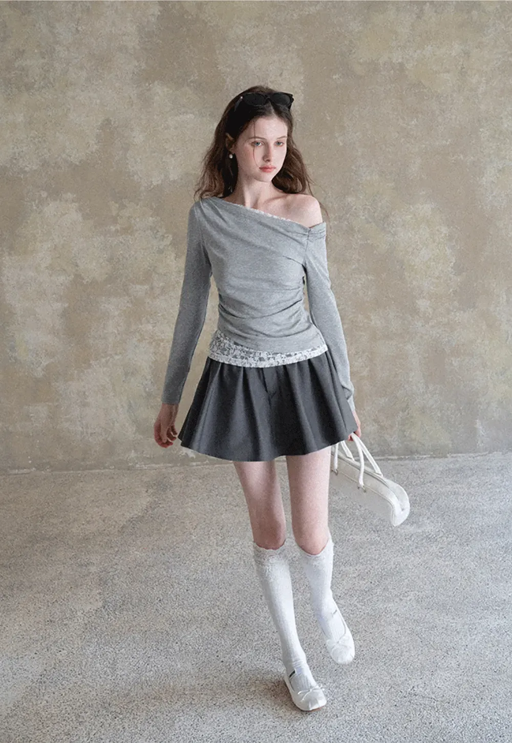 Off shoulder long sleeve top with lace trim