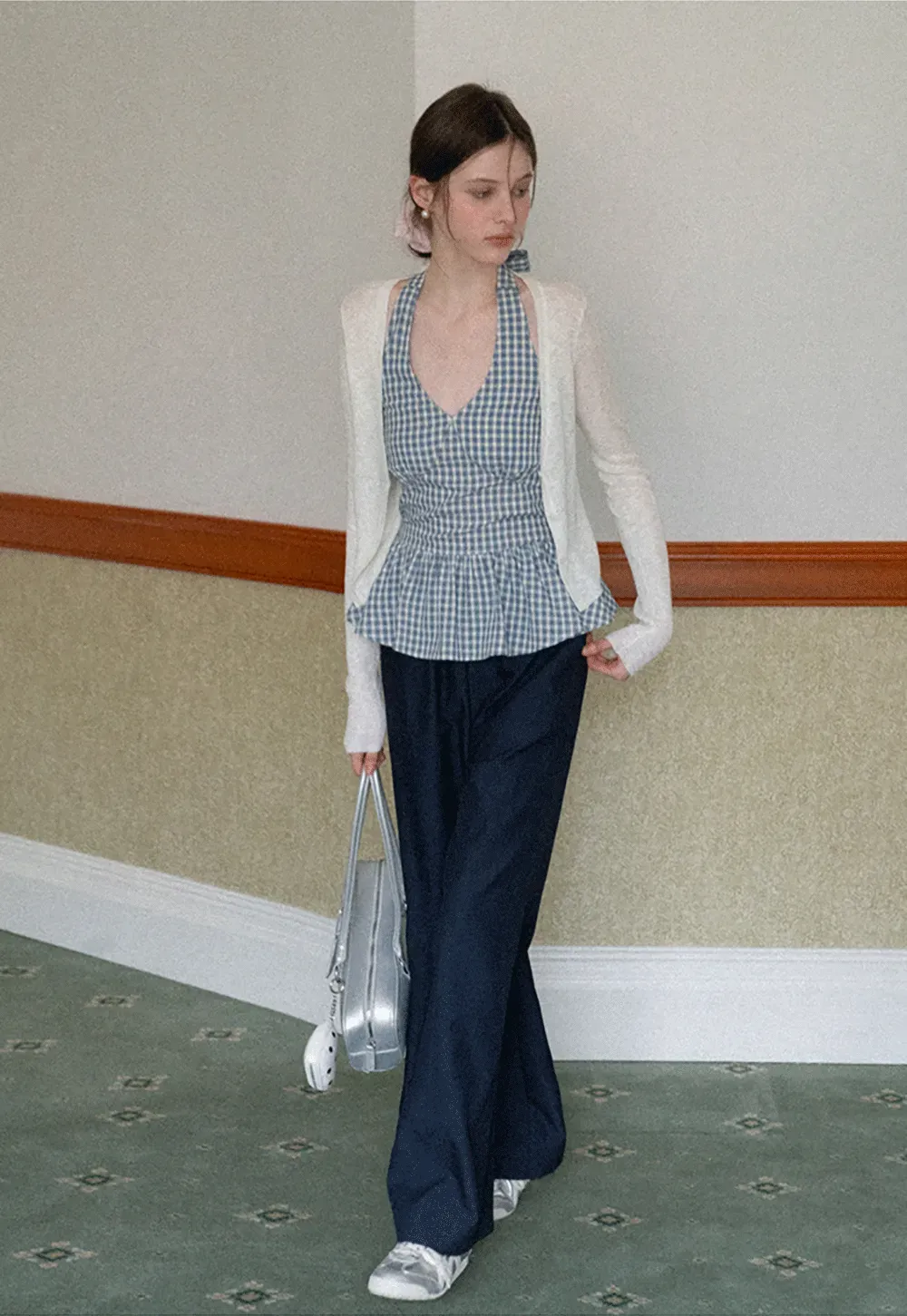 Strapless top with sheer neck tie and loose fit pants