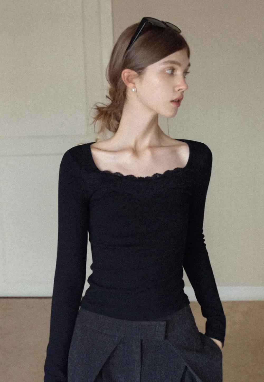 Women Square Neck Long Sleeve Tee