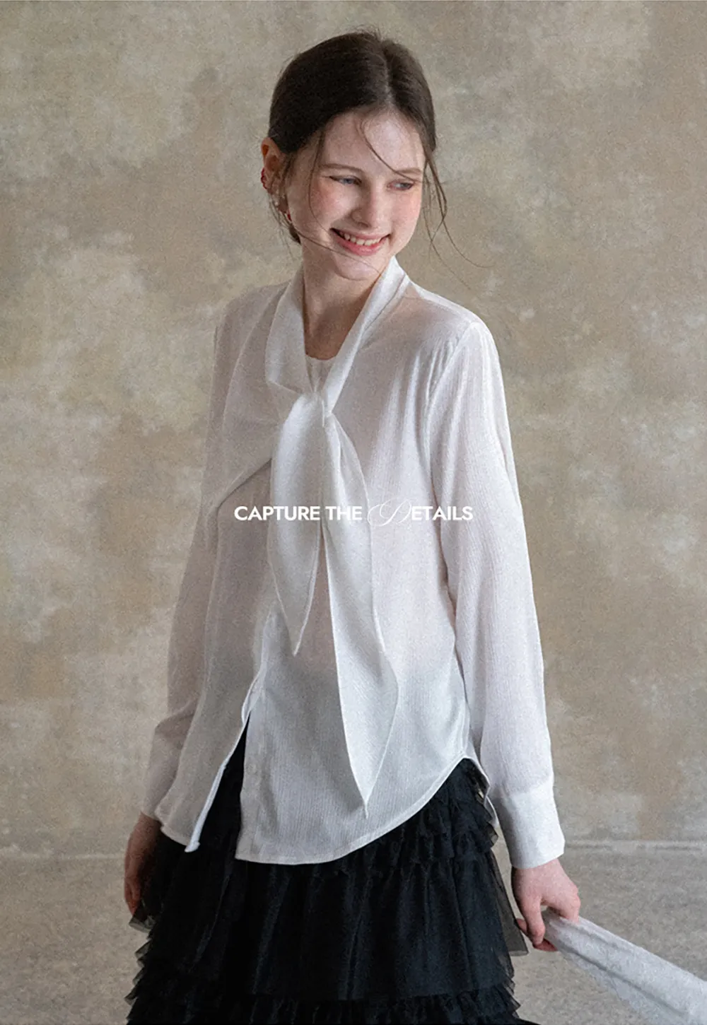 Ribbed Long Sleeve Shirt with Tie Neck Detail