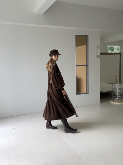 Women Long Sleeve Ruffle Neck Vintage Maxi Dress