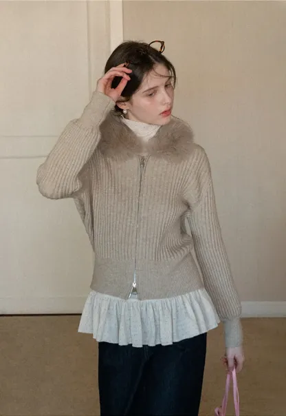 Ribbed knit sweater with fur collar detail