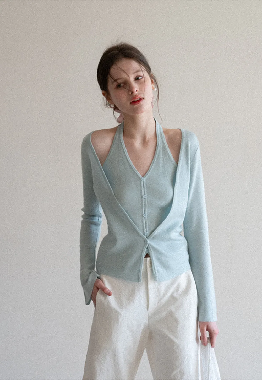V neck long sleeve knit cardigan with open shoulders