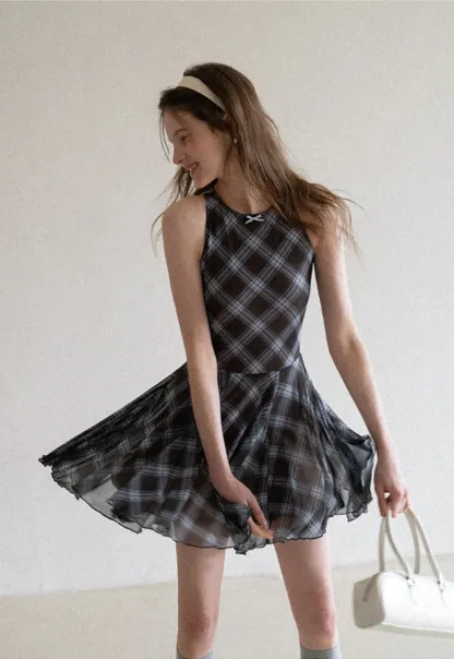 Plaid sleeveless dress with flared skirt