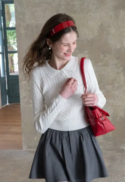 Cable Knit Long Sleeve Polo Neck Cropped Sweater