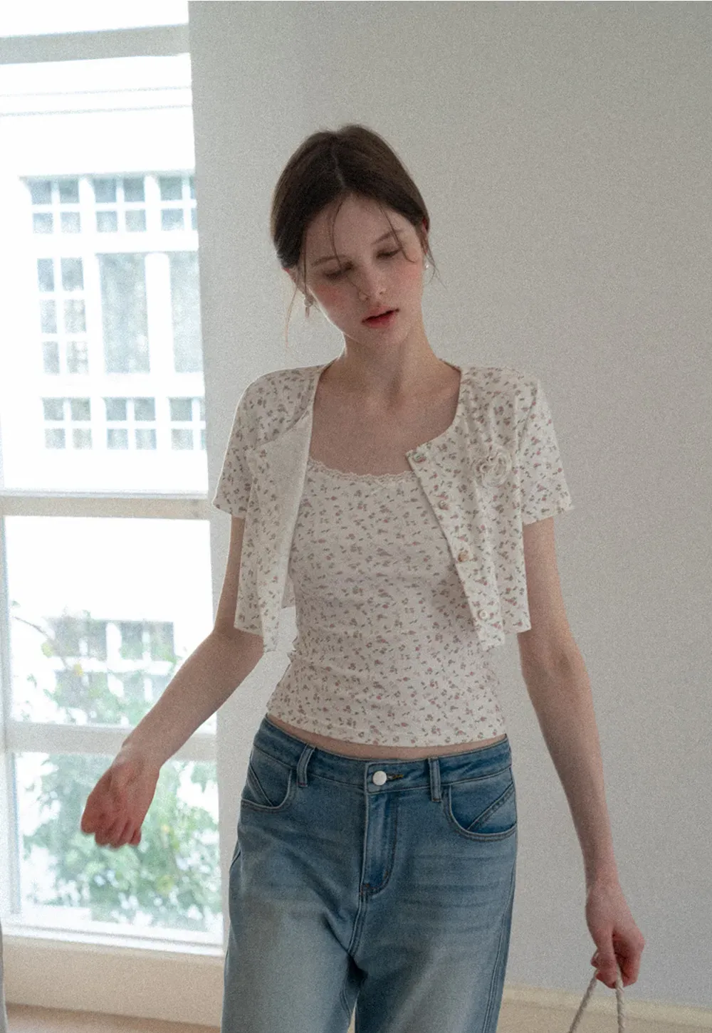 Short sleeve floral print top and tank top set