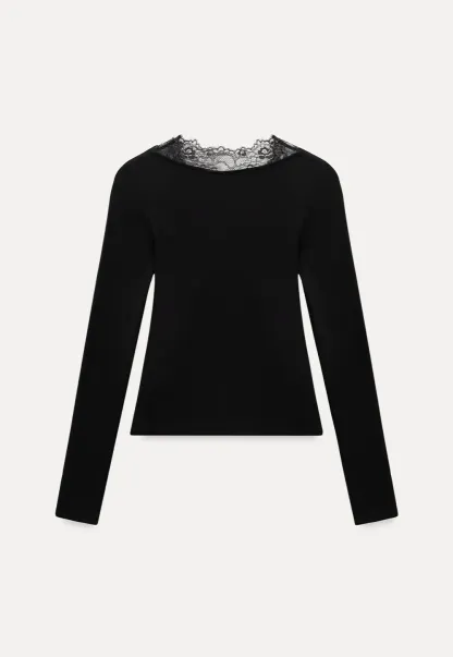 Elegant Black Lace-Trimmed Long Sleeve Top
