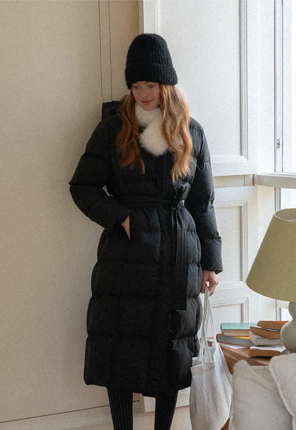 Long Puffer Coat with Fur Trim Hood Belted Design