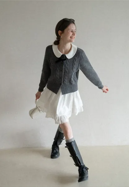 Elegant Cable Knit Cardigan with Bow Detail