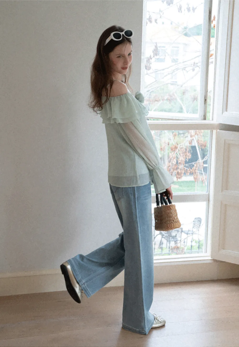 Off Shoulder Blouse with Ruffled Layers and Floral Embellishment