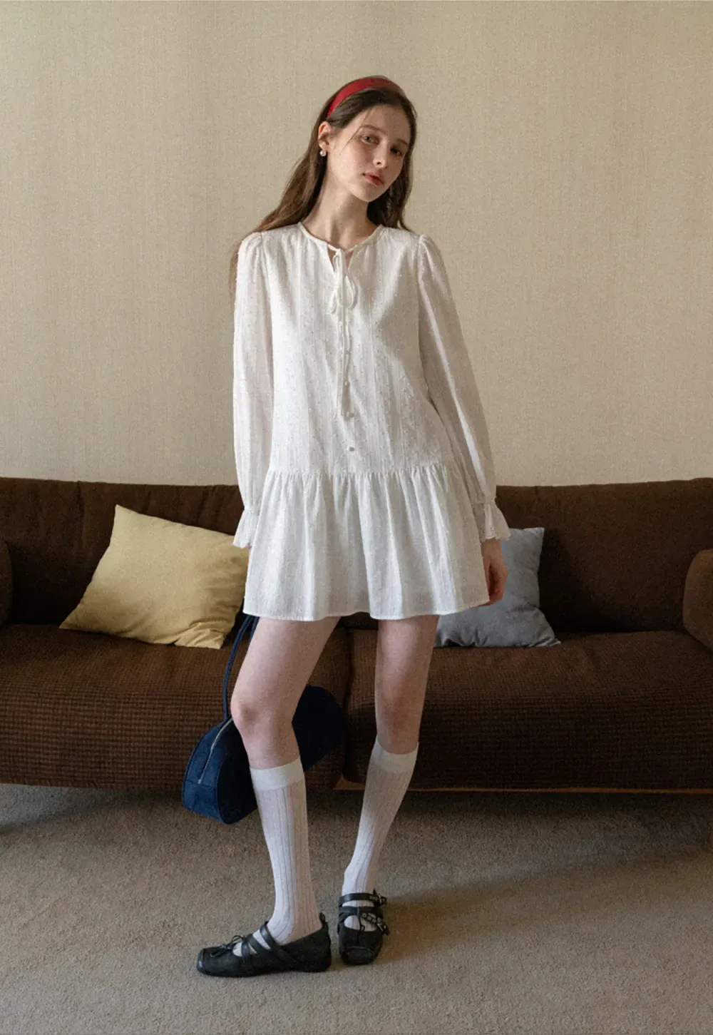 Elegant Long Sleeve Mini Dress with Flared Hem and Neck Tie