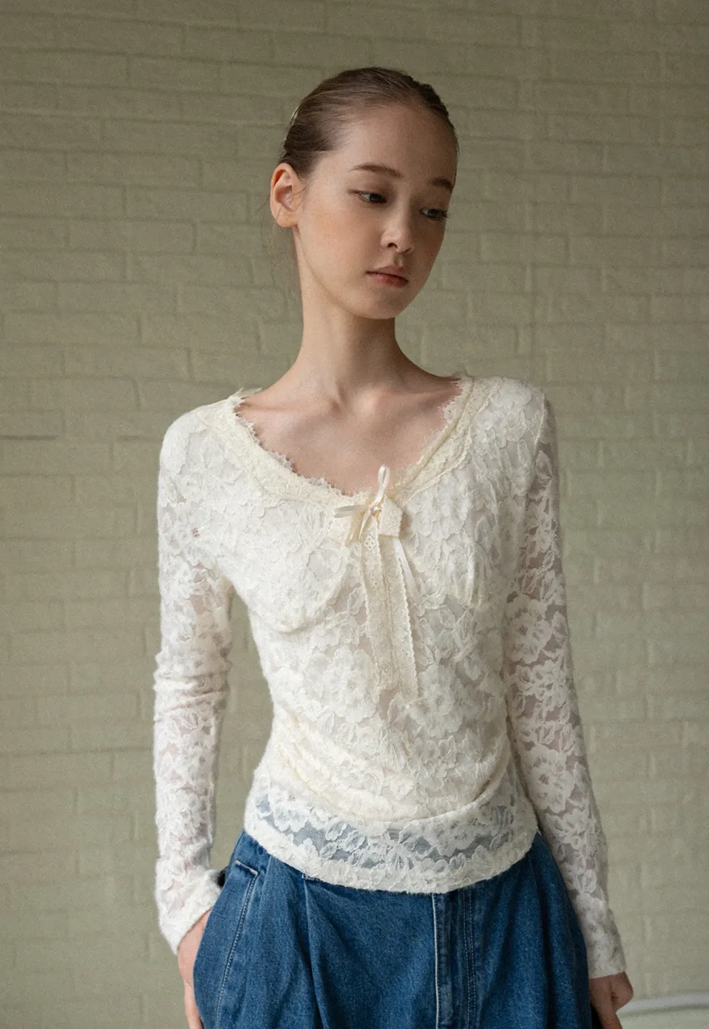 V-Neck Lace Jacquard Bow Top
