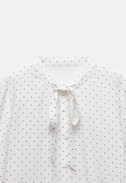 Womens Polka Dot Ruffle Trim Blouse with Bow Tie Neck