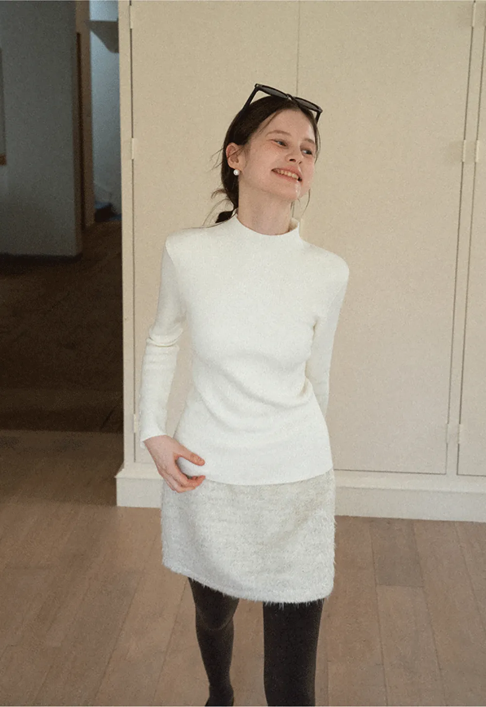 Elegant High Neck Knit Sweater with Button Detail Sleeve