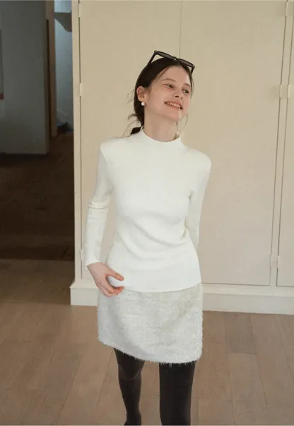 Elegant High Neck Knit Sweater with Button Detail Sleeve