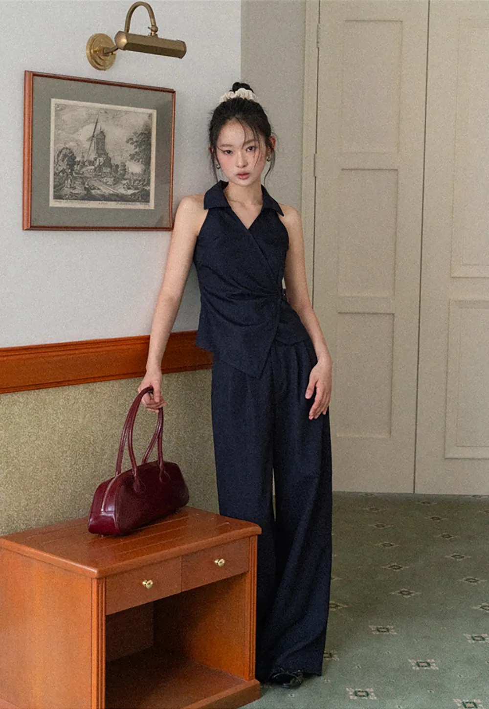 Sleeveless Collared Top with Wrap Detail and Wide Leg Pants