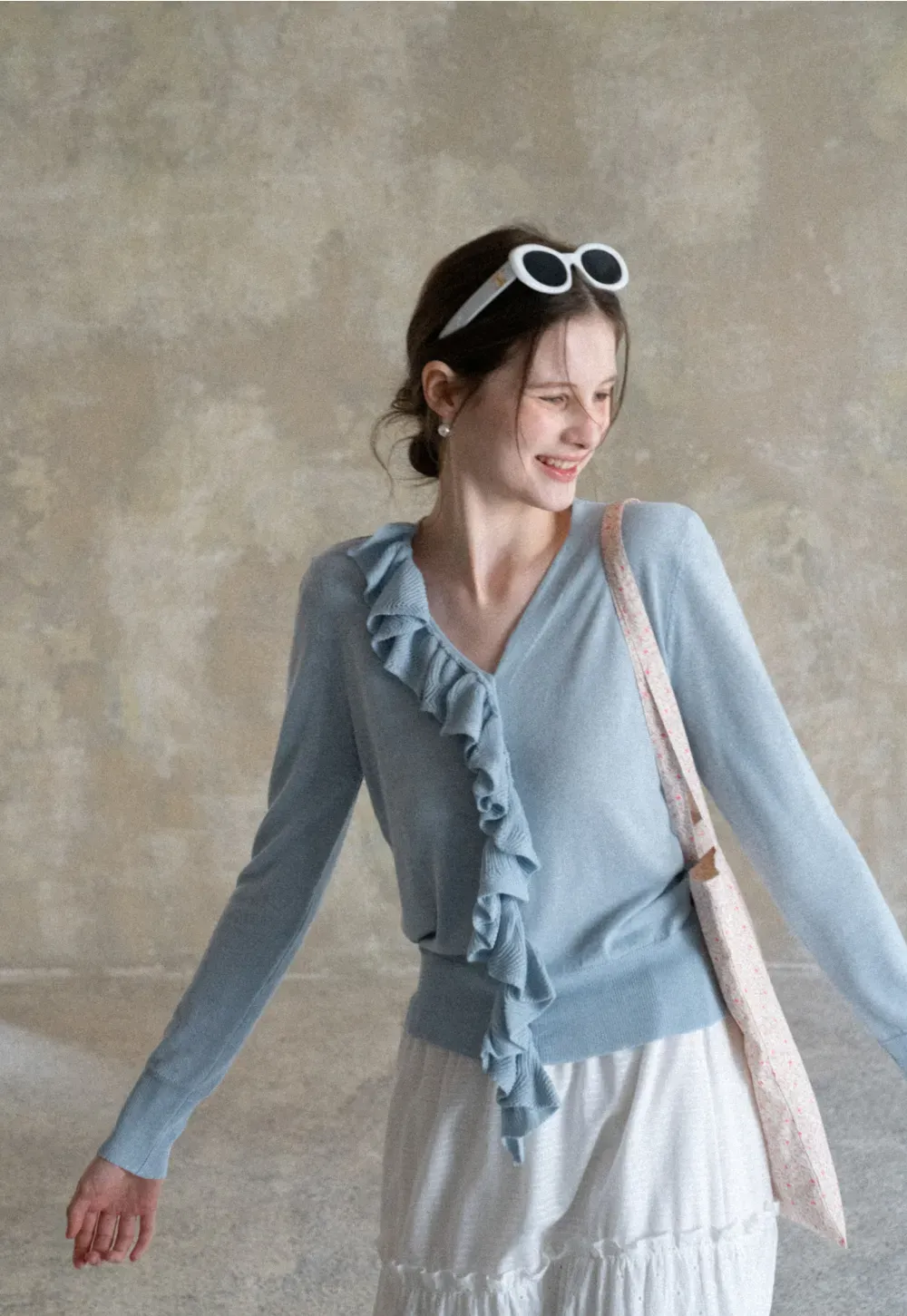 Lightweight Long Sleeve Knit Sweater with Ruffled Trim