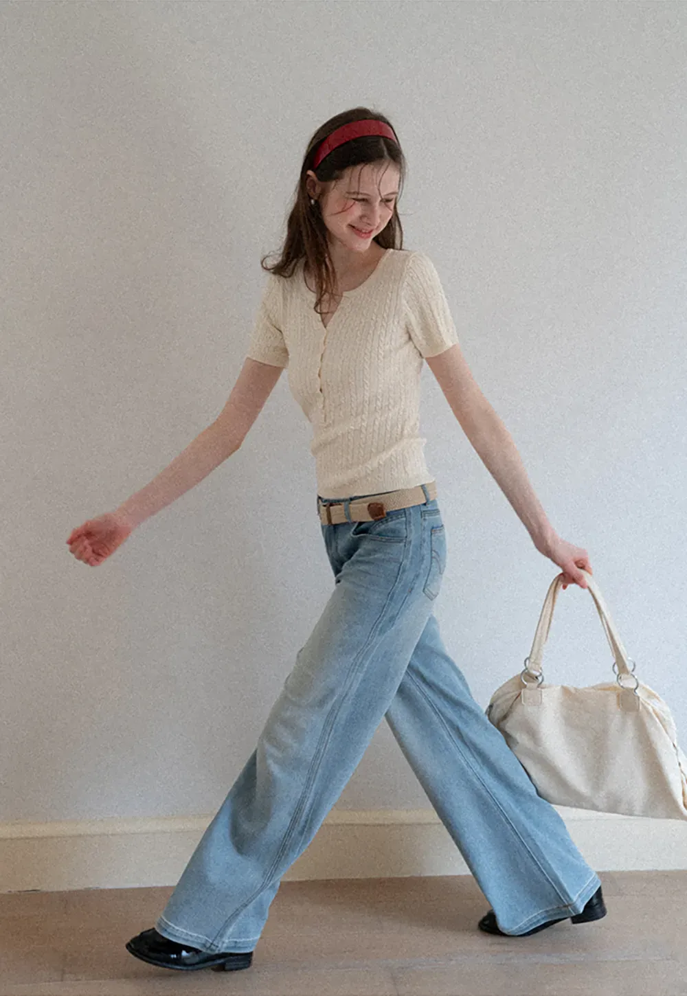 Cable Knit Short Sleeve V Neck Sweater