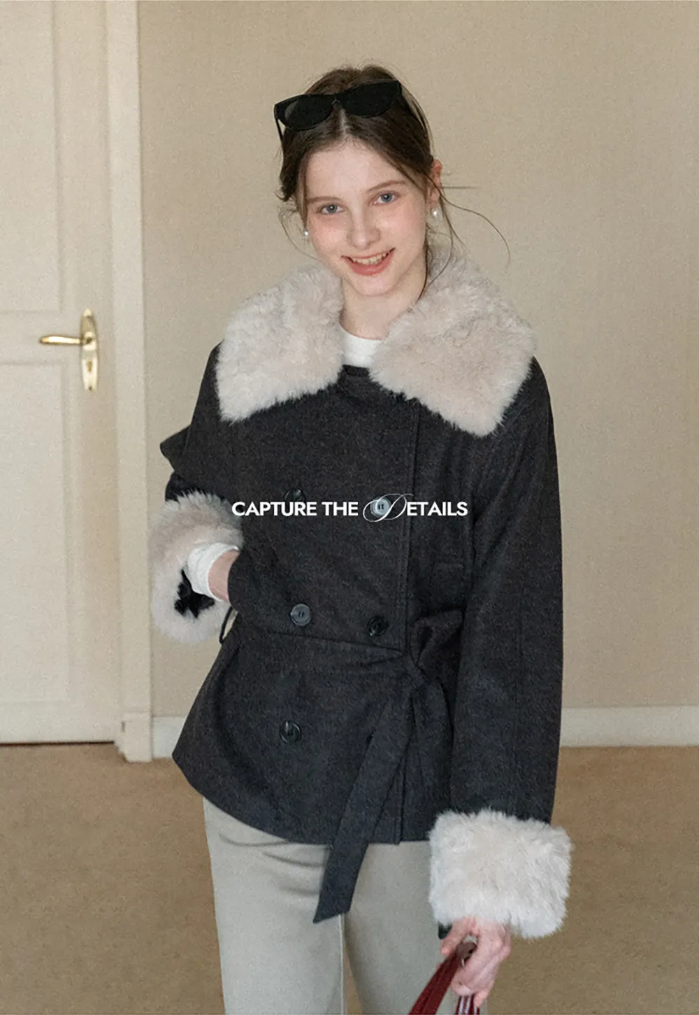 Wool Coat with Fur Collar and Cuff Belted Design