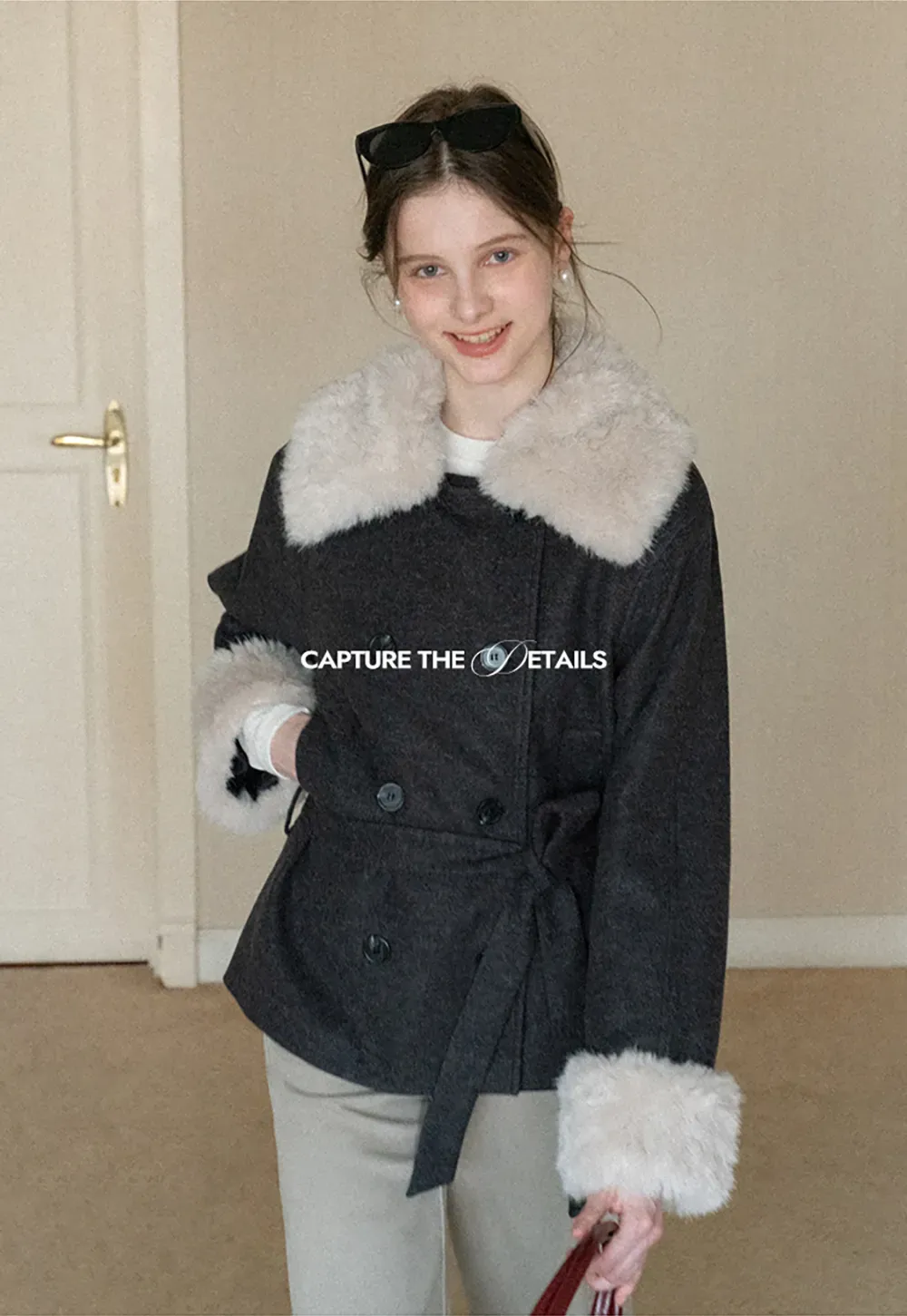 Wool Coat with Fur Collar and Cuff Belted Design