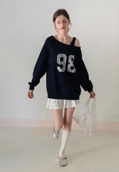 Off Shoulder Sweatshirt with Lace Number Print